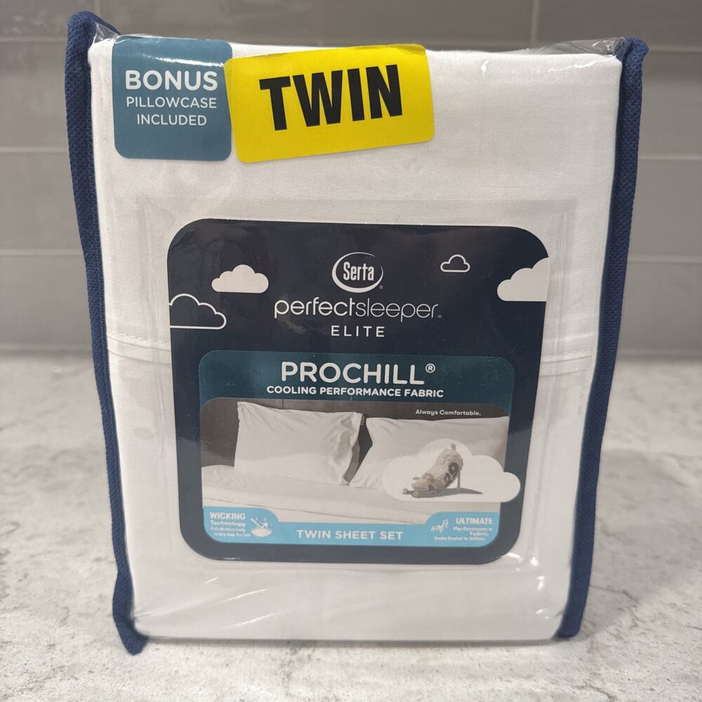 4 Pc TWIN Serta Perfect Sleeper Elite Prochill Cooling Fabric Sheet Set WHITE